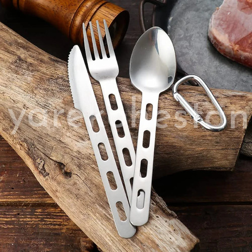 Set of spoons, forks, and knives with carabiners for camping and mountaineering
